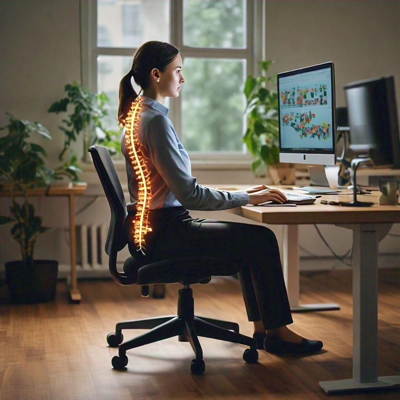 A woman seated at a desk, facing away from her computer, promoting proper posture to prevent back pain.