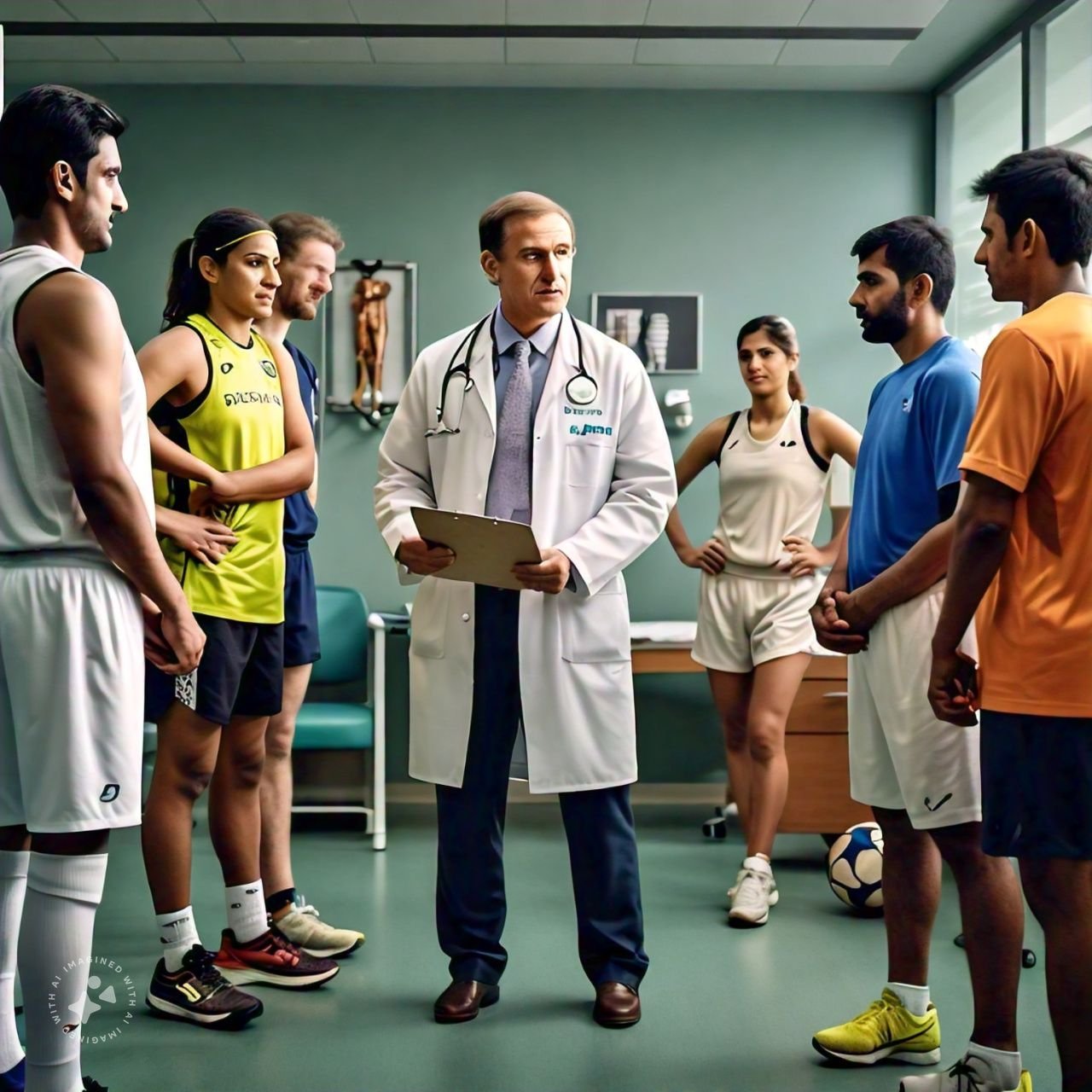 A doctor discusses sports injury prevention with a group in a room, emphasizing key tips for athletes.