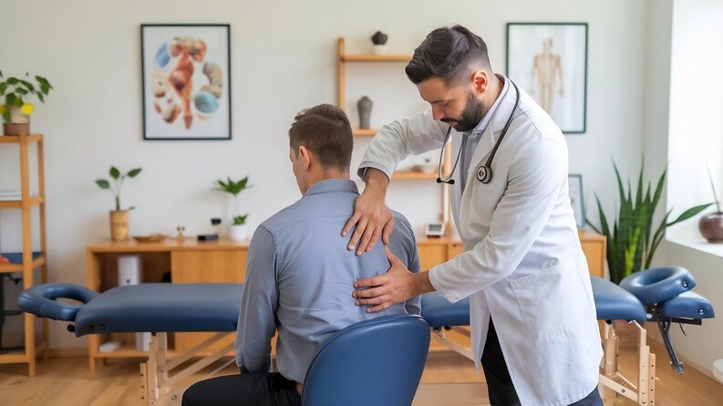 A man receives a back massage from an orthopedic doctor in Kota Nayapura, focusing on muscle relaxation and pain relief.jpeg