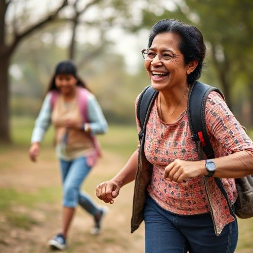 A woman runs joyfully with friends in a park, promoting fitness and camaraderie while managing knee osteoarthritis pain effectively.jpg